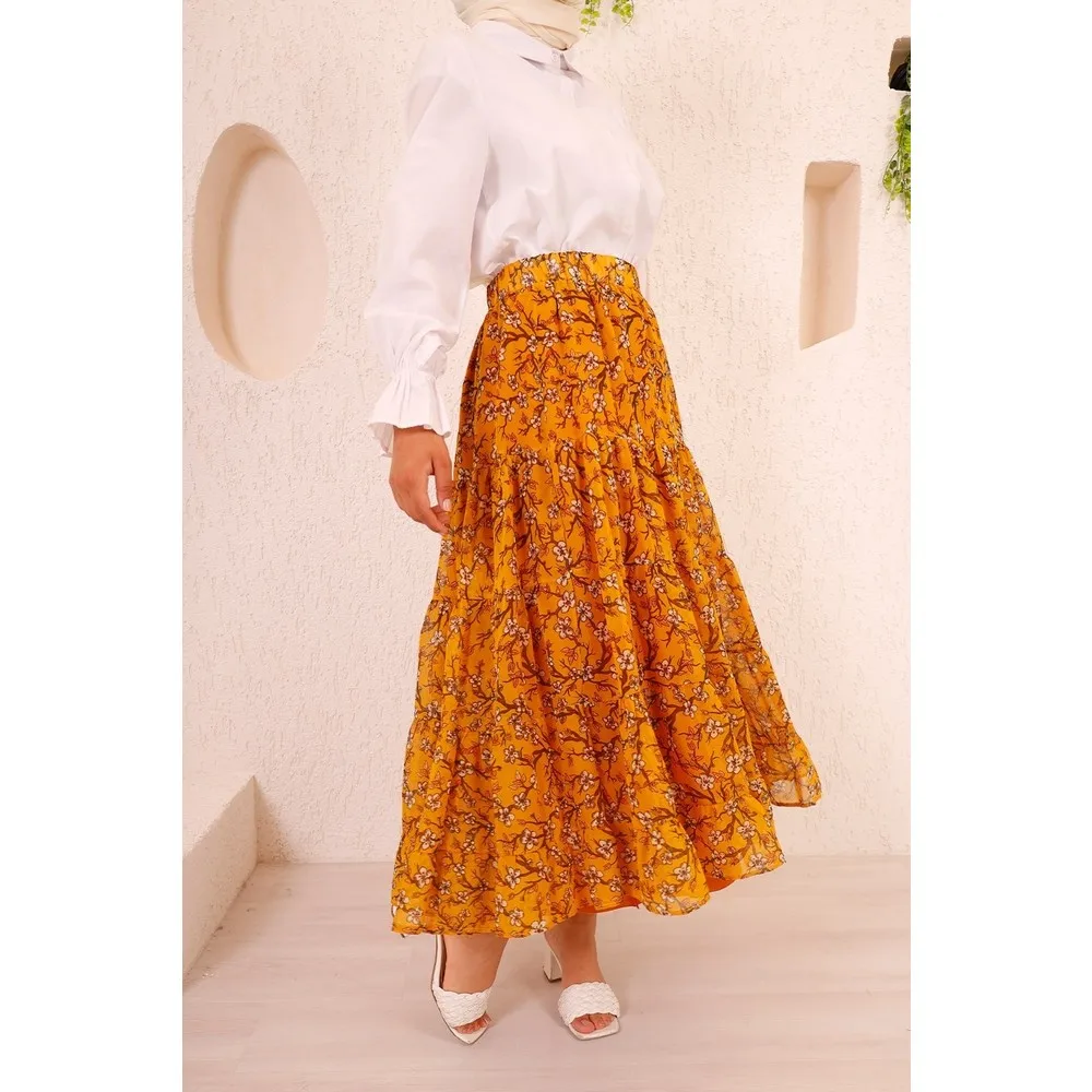 

Dorlie Flowering Branch Pattern Chiffon Skirt-Mustard