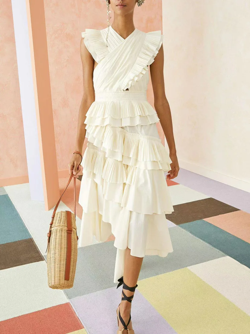 

High Quality Lady High Street Fashion Women Sleeveless V-neck Ruffle Midi Long Dress