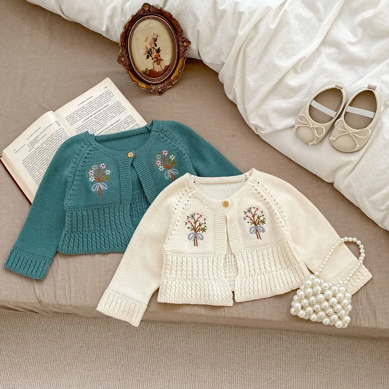 

Cute Newborn Baby Girl Sweater 0-3Years Princess Kids Long Sleeve Embroidery Flower Knitted Cardigan Tops Outwear Autumn Clothes