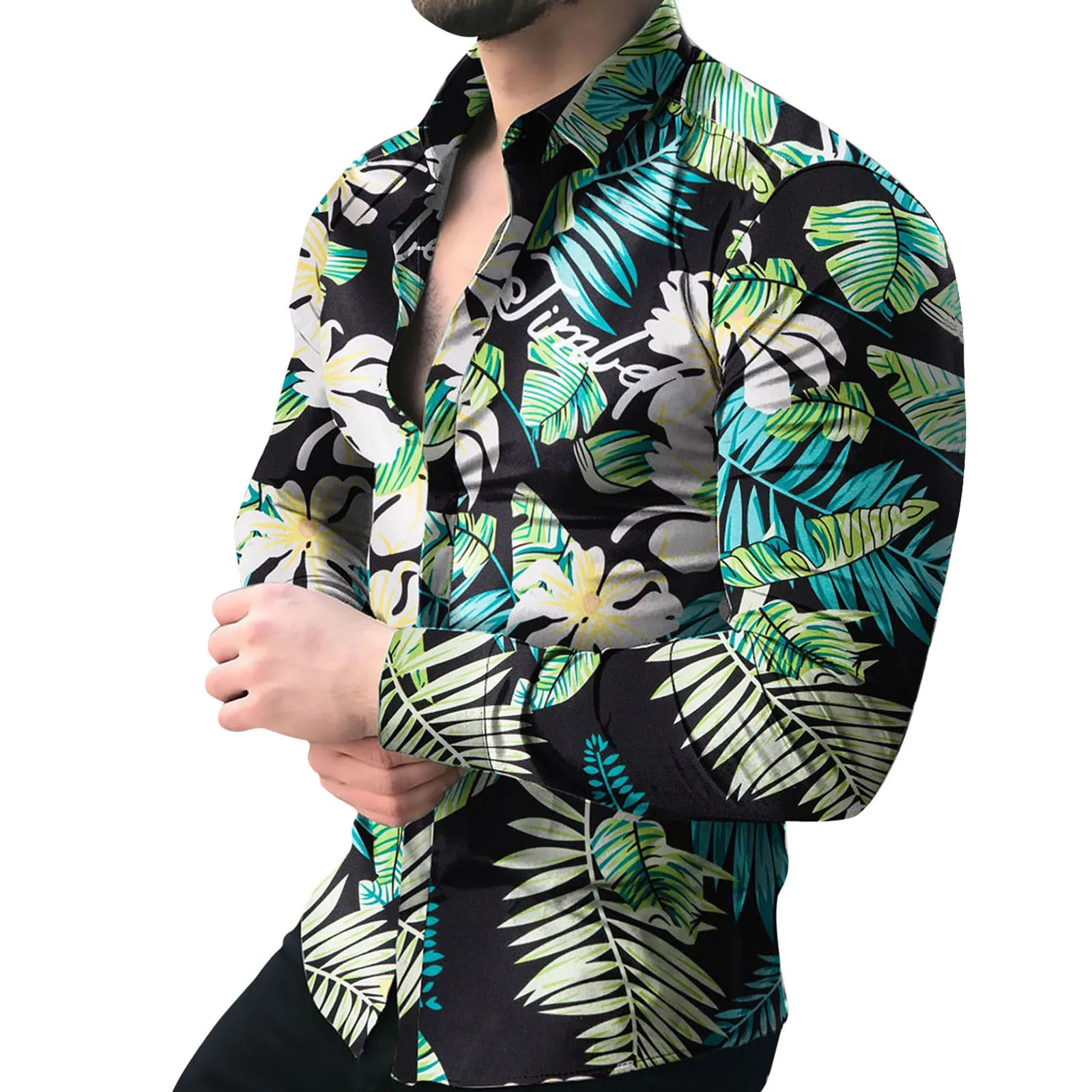 

Men'S Autumn And Winter Casual Leaf Print Shirt Long-Sleeved Button Lapel Shirt Casual Lapel Print Long-Sleeved Shirt