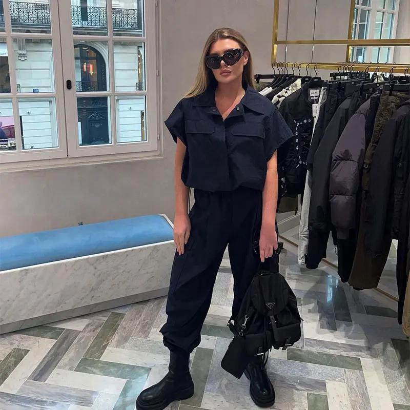

Women Short Sleeve Shirt Set Vintage With Pockets Oversized Snap-button Blouses Pants 2 Pieces Set Chic Female Streetwear