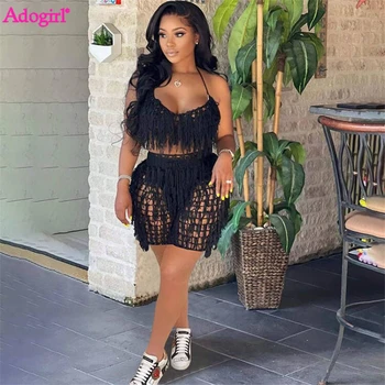 Adogir Tassel Hollow Out Beach Two Piece Set Women Sexy See Through Hand Crochet Knitted Suit Lace Up Bra Top Shorts Outfits 1