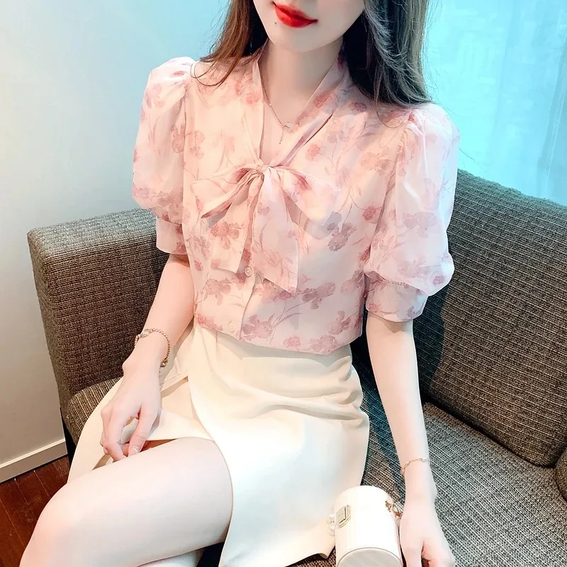 Летние женские Топы с бантом на воротнике шифоновая блузка принтом рубашка