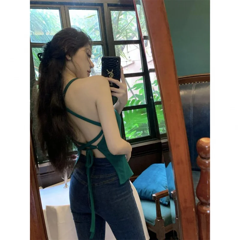 

Green suspender vest with cross straps sexy open back spicy girl top