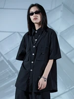 enshadower unisex fashion streetwear big pocket splicing loose shirts all black style summer top