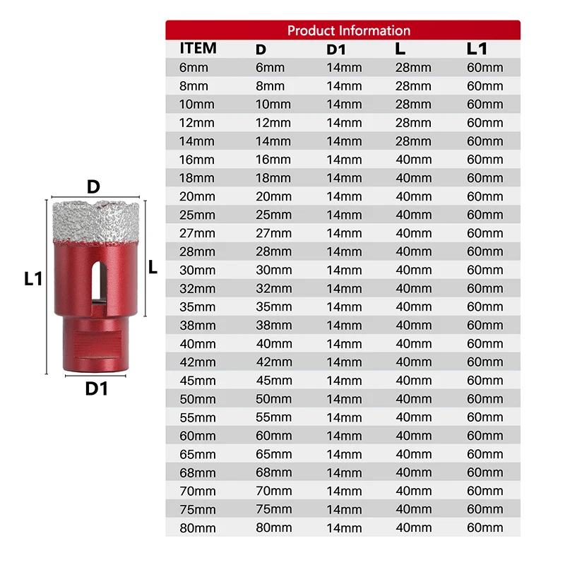 1pc 6mm-80mm Vacuum Thread Brazed Hole Opener Drilling Core Bits M14 Red Angle Grinder for Diamond Ceramic Tile Granite Marble - купить по