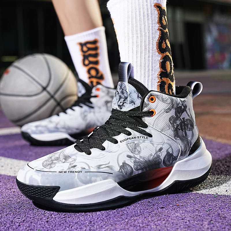 QQ-22701 Basketball Shoes for Men Lace-Up High Top Sneakers Mens Retro Basketball Shoes Breathable Trend Men Sneakers