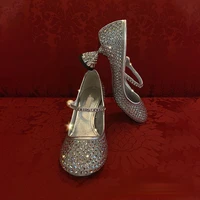 2022 new pearl crystal high heels round toe rhinestone mesh rhinestone mary jane shoes wine glass heel women