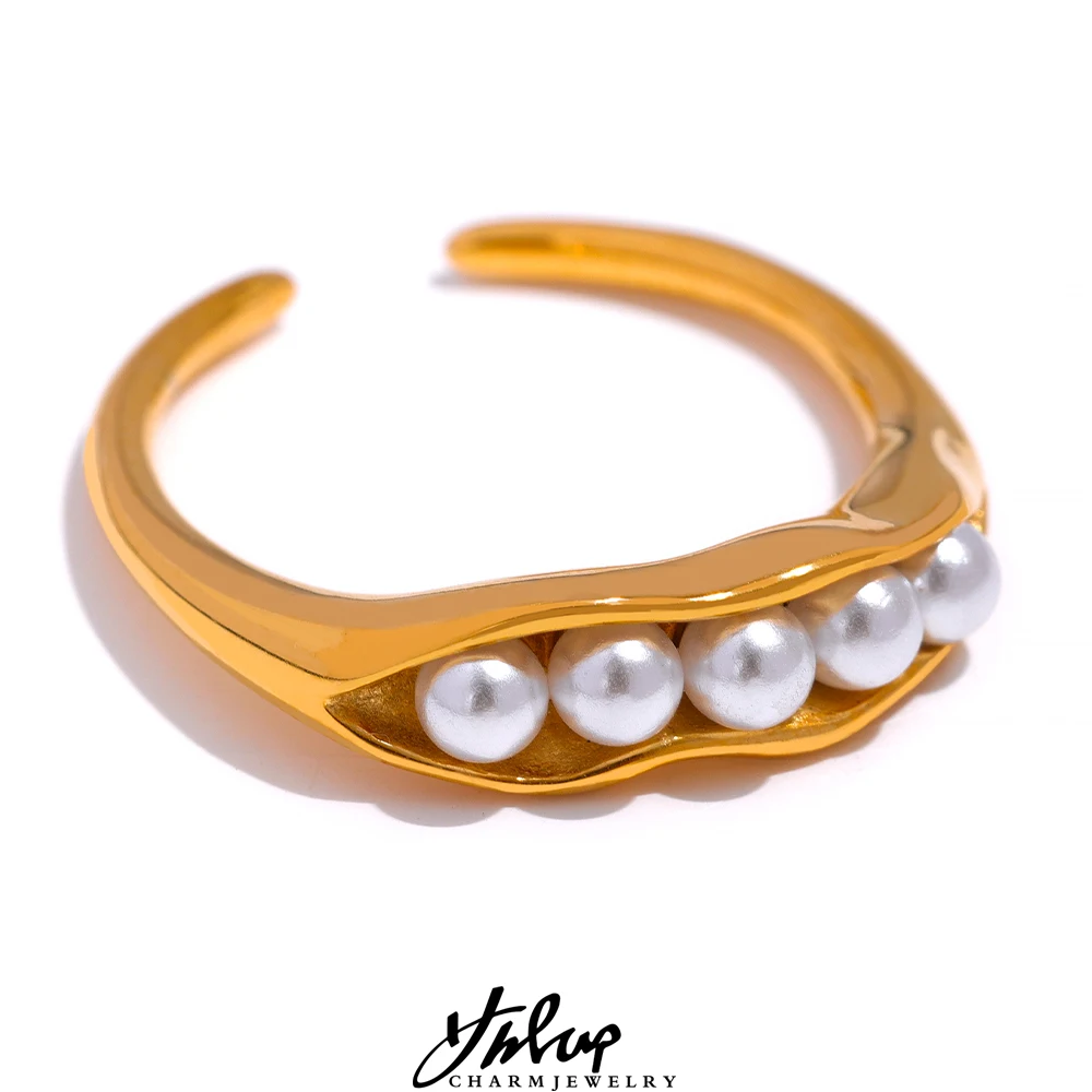 

Yhpup Chic Charm Imitation Pearls Waterproof Metal Stainless Steel Open Ring New Fashion 18K Gold Plated Women Trend Jewelry