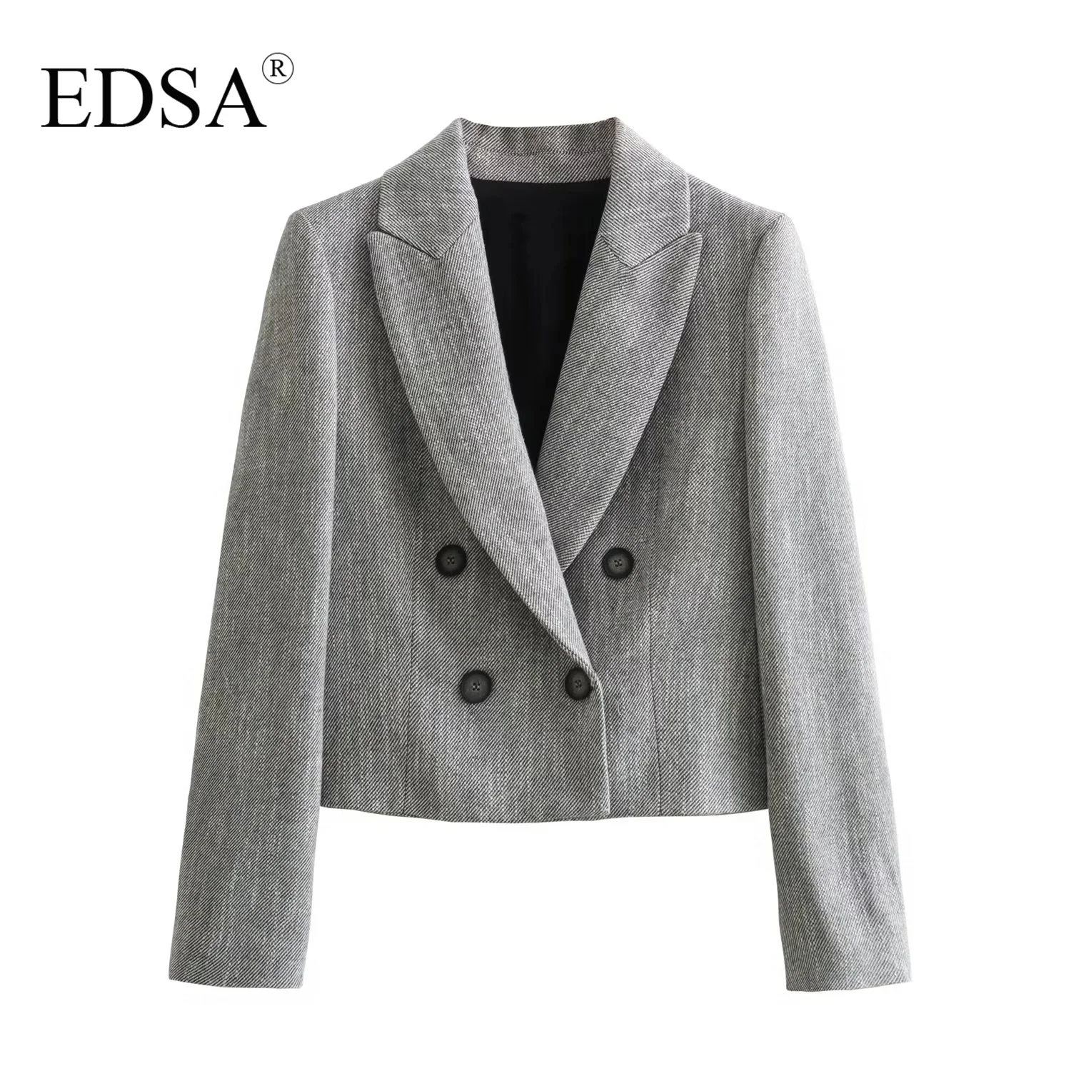 

Женский укороченный блейзер в елочку EDSA, серый пиджак с длинными рукавами и наплечниками, двубортный пиджак на пуговицах для офиса