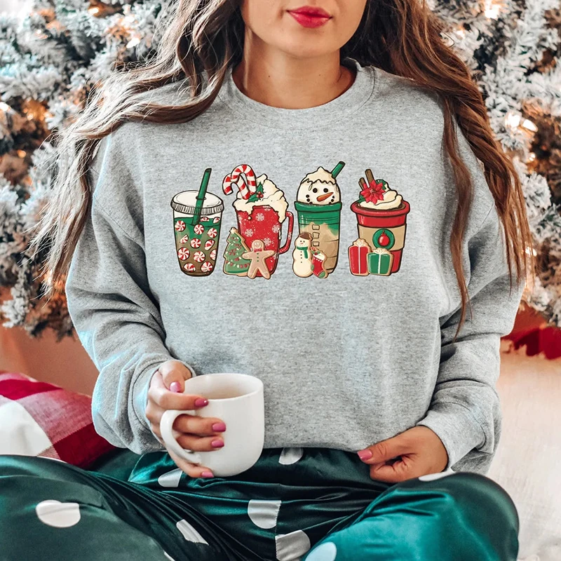 

Rheaclot Christmas Coffee Printing Women's Causal Cotton Long Sleeve SweatShirt