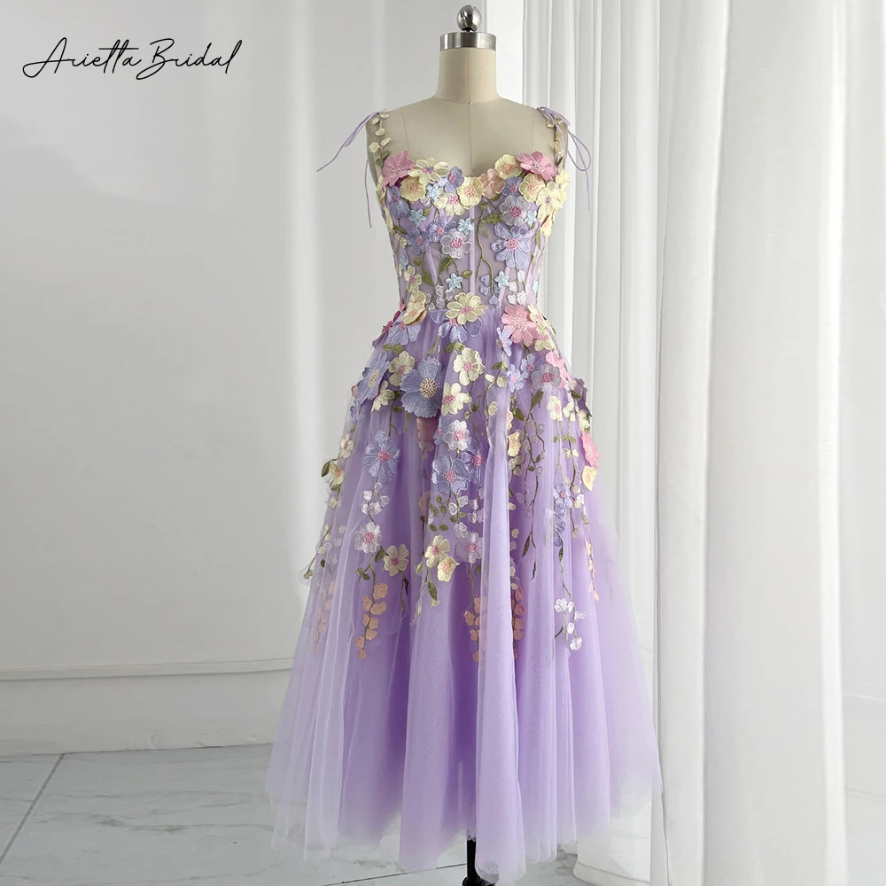 

Arietta Lavender Floral Embroidery Lace Midi Prom Dresses Spaghetti Straps Tea-Length A-Line Wedding Party Gowns Lace Up Back