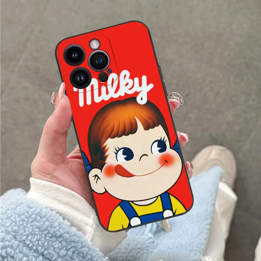 Fujiya Milky Peko-Chan Phone Case For iPhone 16 15 14 13 12 11 Plus Pro Max XS X XR SE Mini 8 7 Soft Silicone Black Cover
