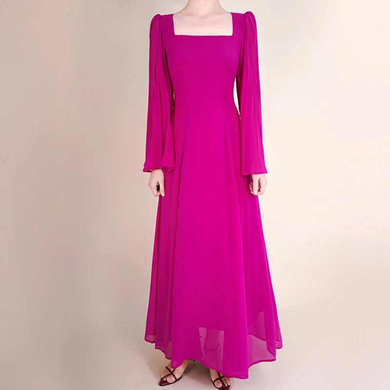 Runway Designer Purple Chiffon Maxi Women Dress 2023 Spring Summer Vintage Long Sleeve Holiday Elegant Pleated Dresses