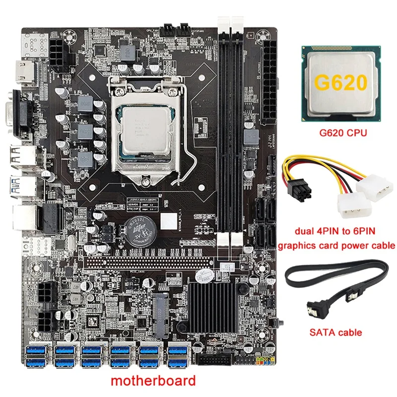 

B75 12 Card Mining Motherboard+G620 CPU+4PIN To 6PIN Power Cable+SATA Cable 12USB3.0(PCIE) Slot LGA1155 DDR3 RAM SATA3.0