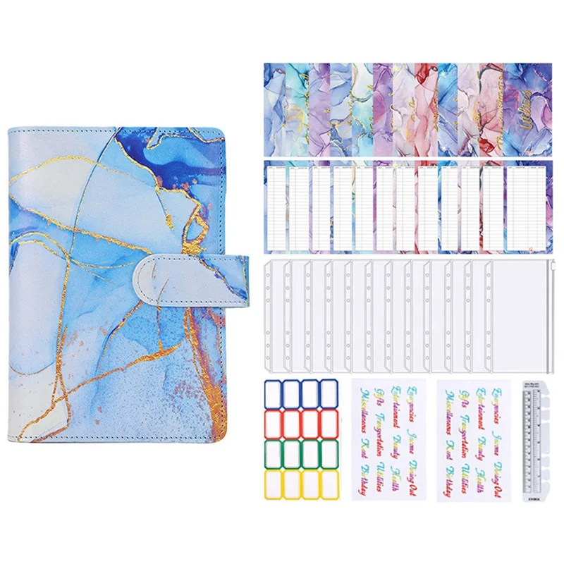

A6 Marble Colorful Money Budget Planner Binder Zipper Envelopes Cash Envelopes for Budgeting Money Organizer Azure
