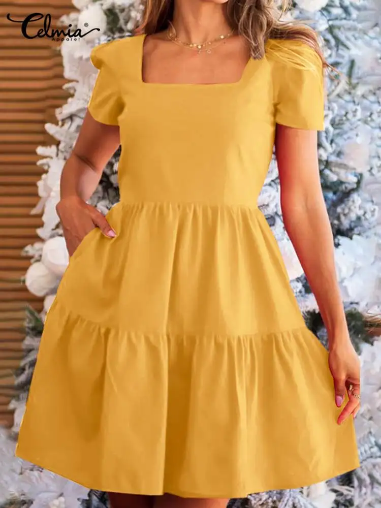 

2022 Celmia Summer Mini Dress Women Short Sleeve Square Collar Sexy Holiday Party Sundress Casual Pleated A Line Short Vestidos