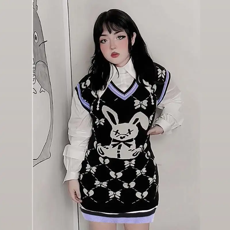 Женское трикотажное пальто Y2K шерстяной жилет с V-образным вырезом и юбкой