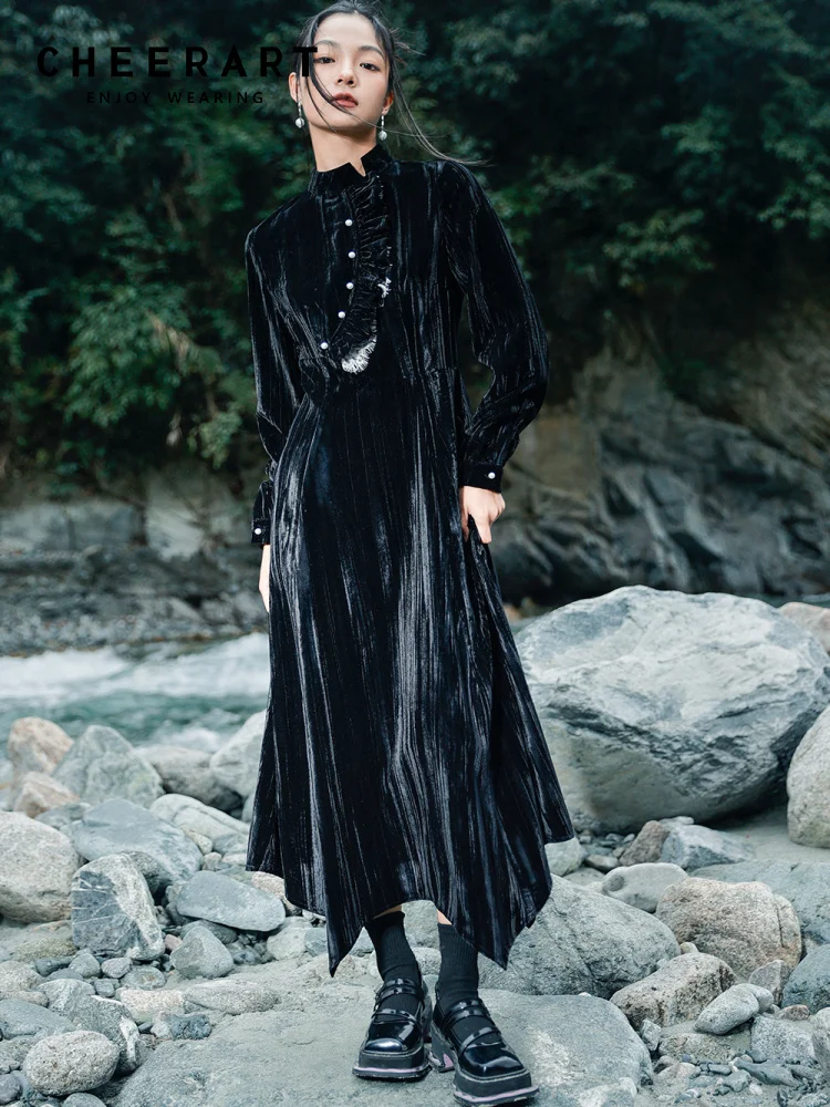 CHEERART Vintage Velvet Black Long Maxi Dress Women Elegant Luxury Asymmetrical Long Sleeve Tunics Evening Dresses High Quality