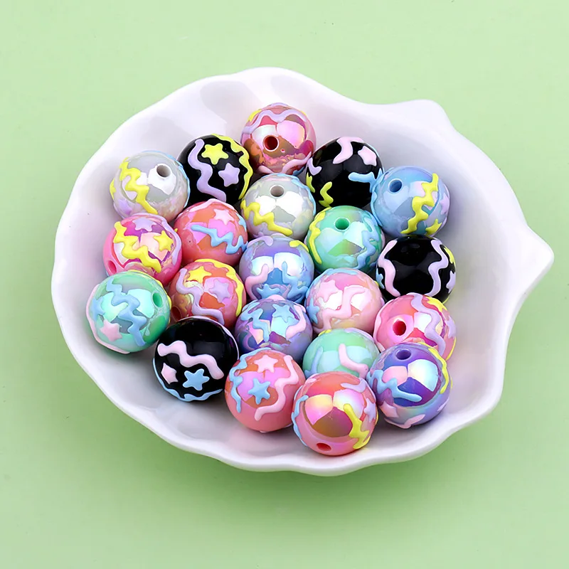 

DIY Jewelry Findings 16*15mm 50pcs Round Gumball Acryic Pearl Beads with Colorful Oil Drop Stars Waves Bubblegum Jewelry Spacer