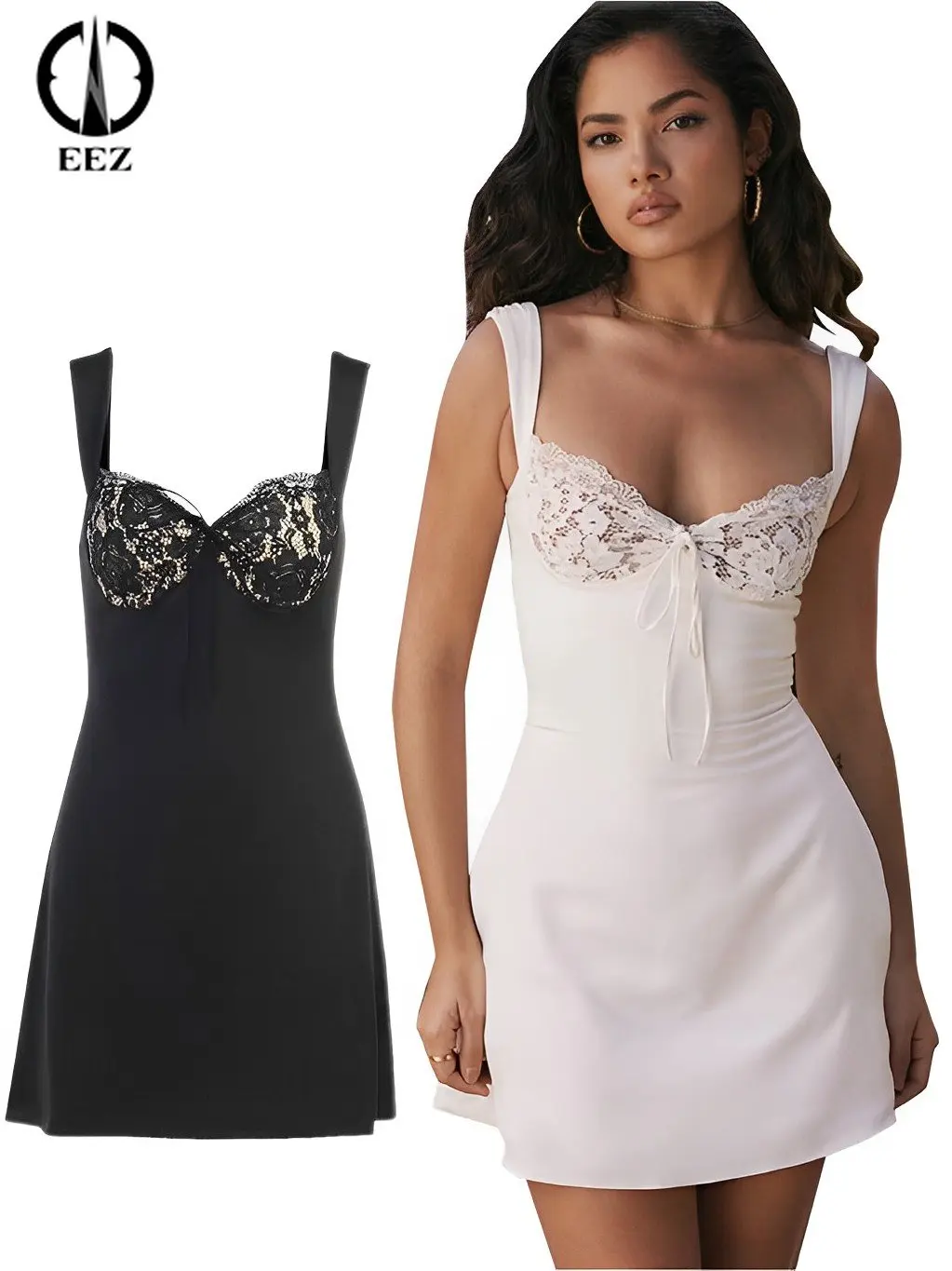 

Sexy Black Lace Splicing Spaghetti Strap Dresses Women Backless Elegant Mini A-line Dress Summer Coquette Dress Club Partywear