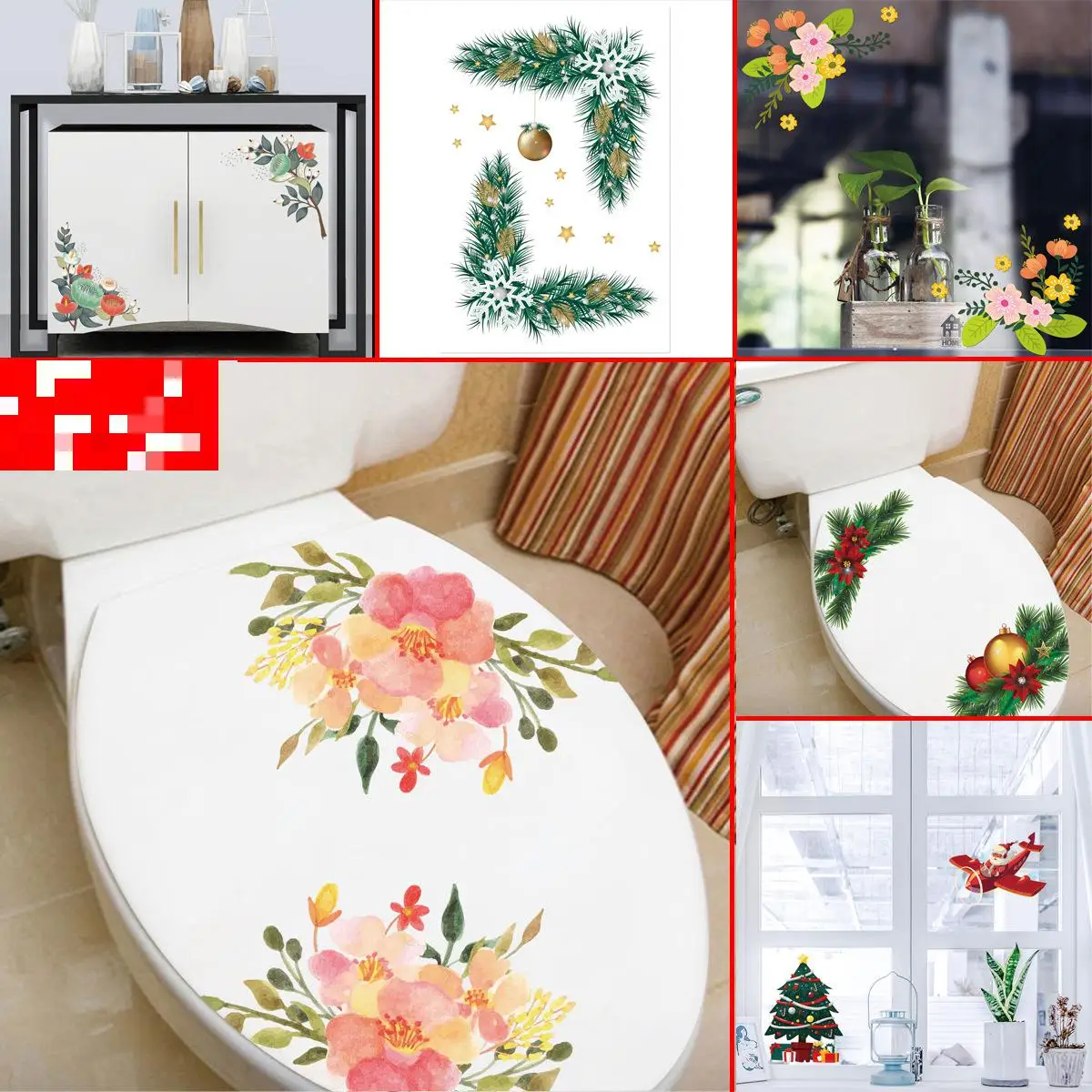 

Christmas Wall Sticker Floral Decorative Toilet Wall Sticker Refrigerator Cabinet Glass Diagonal Luggage Mural Diy Wall Sticker