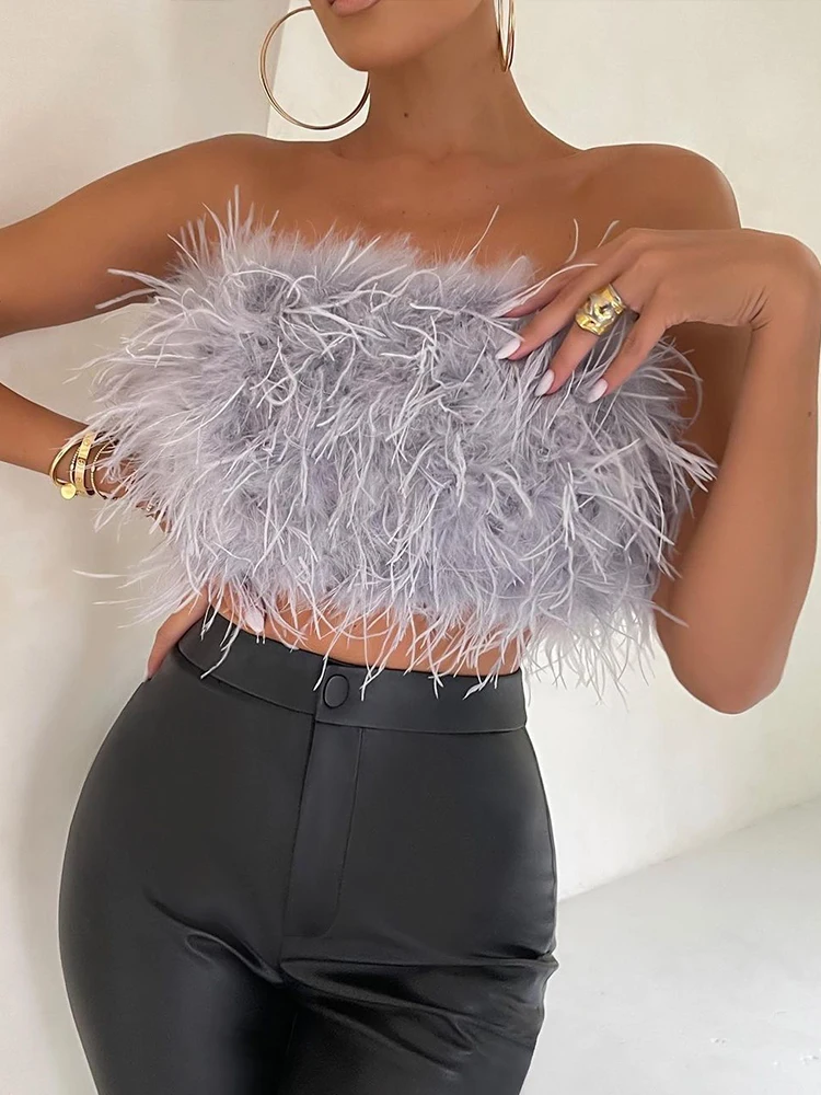 Feather Tank Top Women Fashion Sexy Fluffy Tube Tops Female Summer Backless Solid Cropped Tops Lady New Party Club Vest 2022