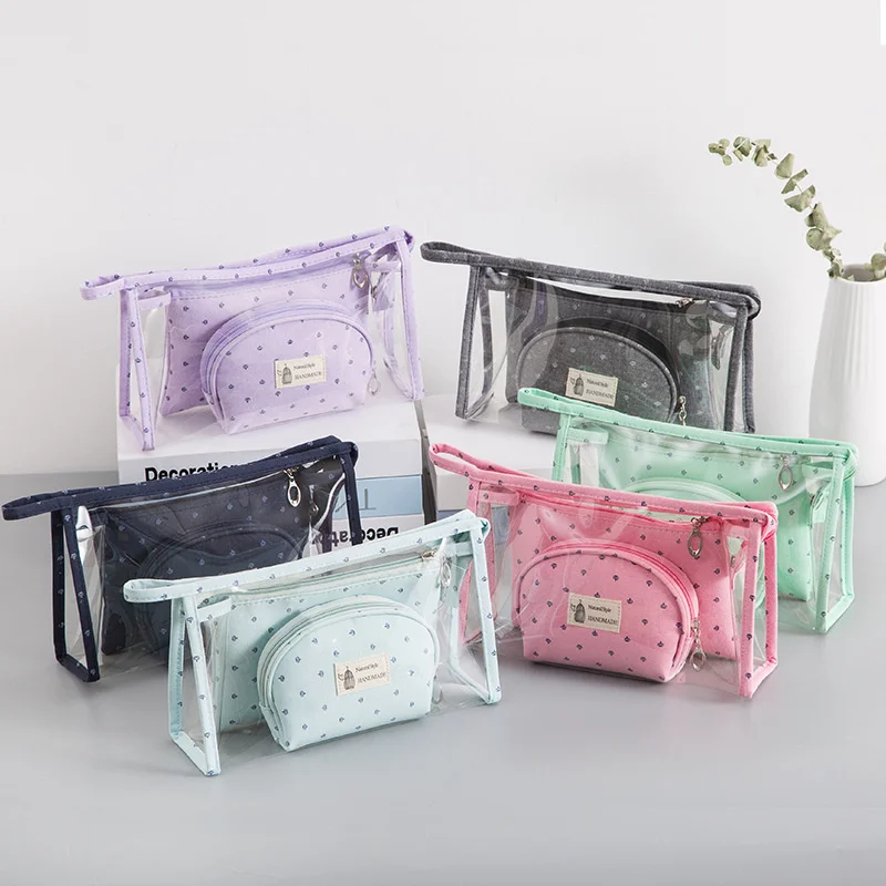

3 set travel casual pvc cosmetic bag leather zipper make up transparent makeup case storage organizer toilet bag bags