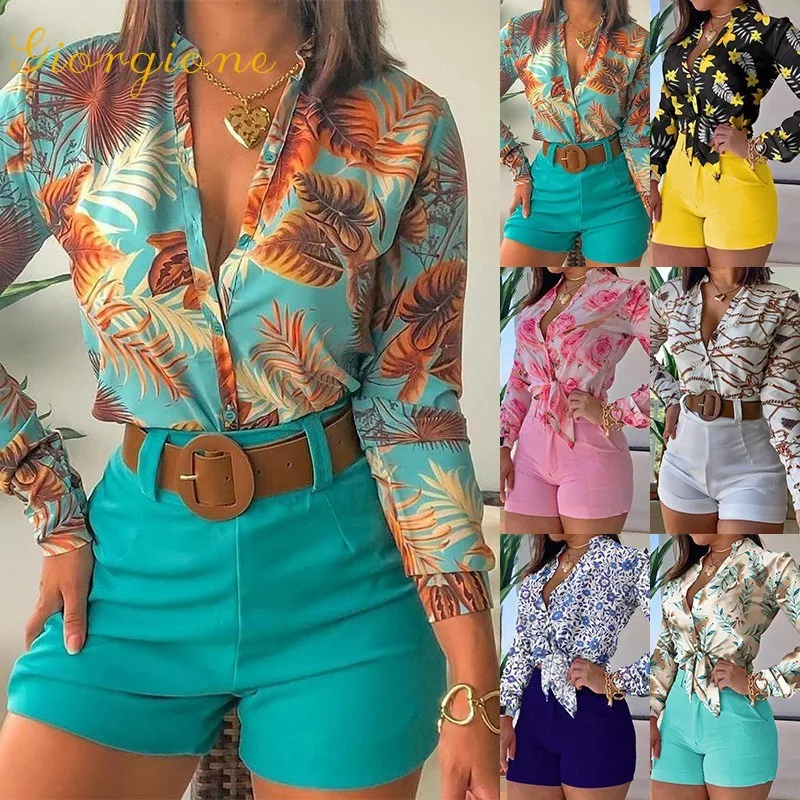 

Set Giorgione Digital Printing Stand Collar Long Sleeve Shirt Top Shorts Two-Piece Suit Women's Clothing 2022 Spring New Style