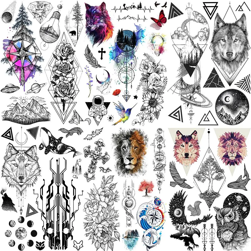 

Geometric Flower Animal Temporary Tattoos For Women Men Realistic Wolf Lion Eagle Fake Tattoo Sticker Waterproof Hand Tatoos
