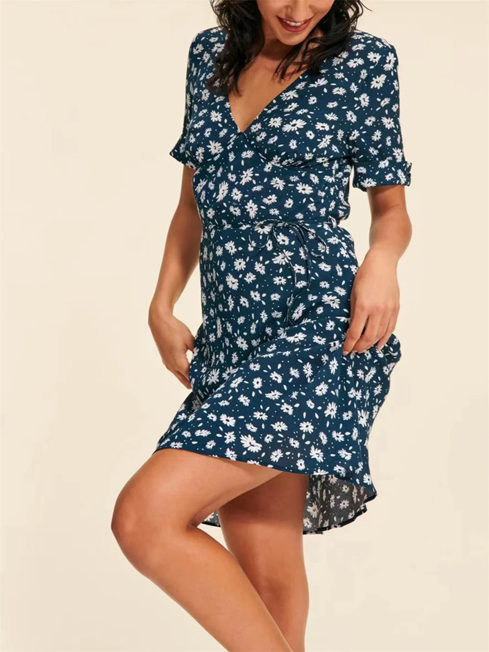 

Summer 2023 Women 100% Viscose Mini Robes Lace-up Floral Print Deep V Short Sleeve High Waist Female Prairie Chic Dress