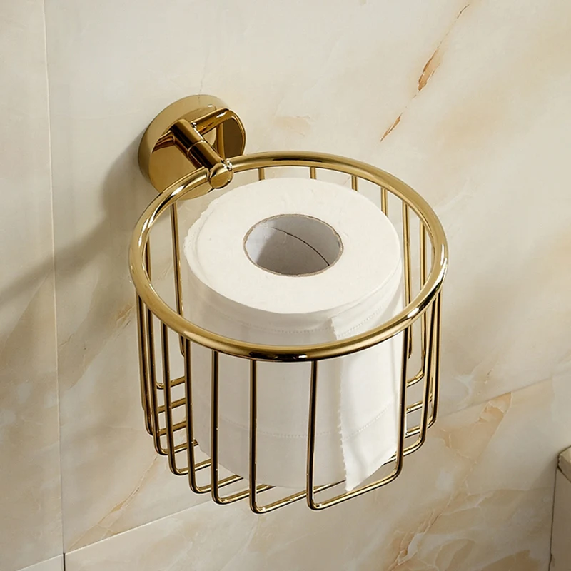 

Gold Soild Brass Toilet Paper Holder European Style Wall Mounted Bathroom Toilet Roll Paper basket