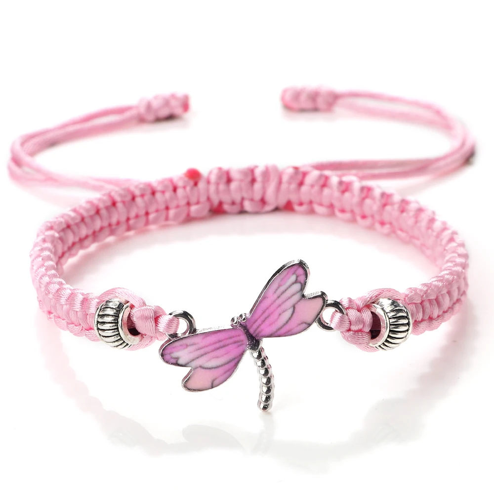 

Handmade Weave Lucky Rope Bracelets For Women Pink Dragonfly Pendant Bracelets Men Adjustable Size Bangles Couples Wrist Jewelry