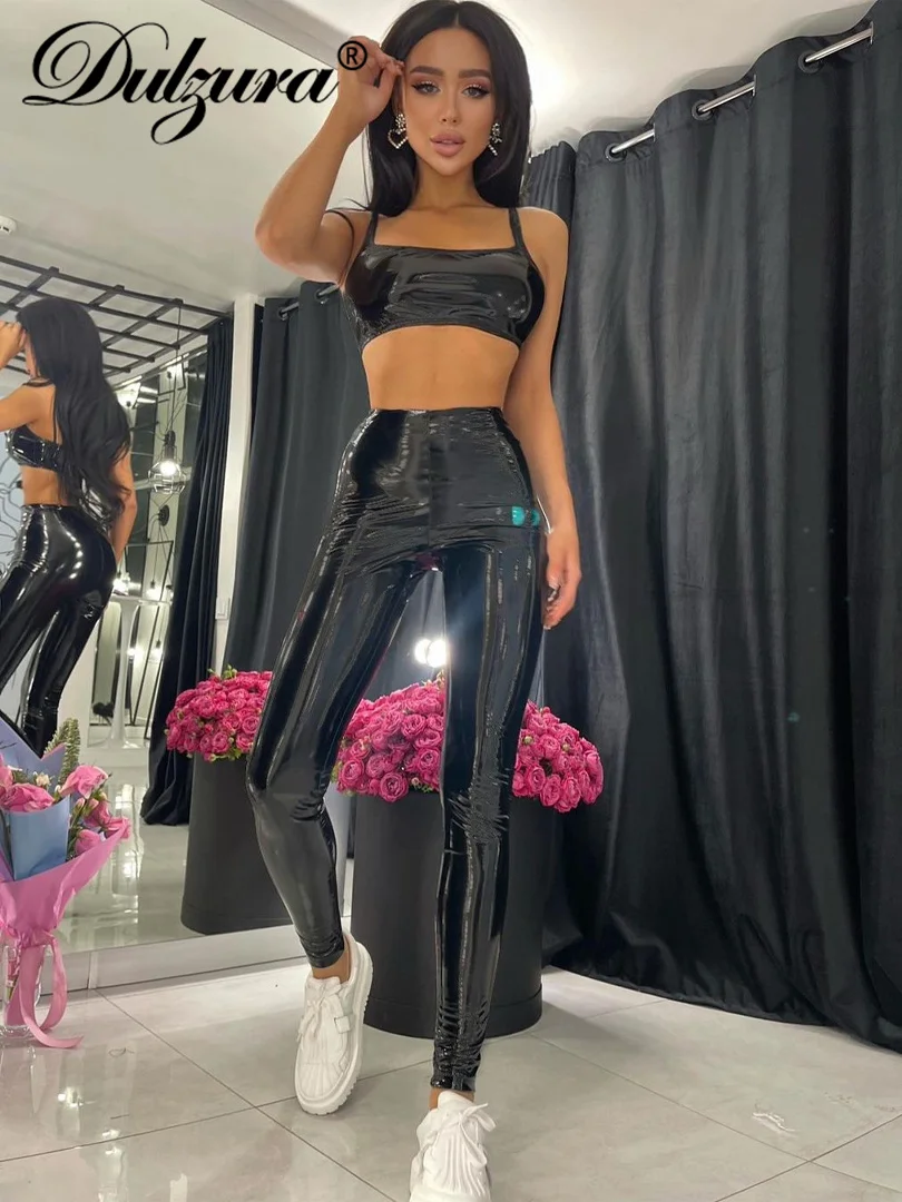 

Женский топ из искусственной кожи Dulzura, однотонный топ с бретельками и леггинсами, уличная одежда, вечерние, Клубные, сексуальные, лето 2022