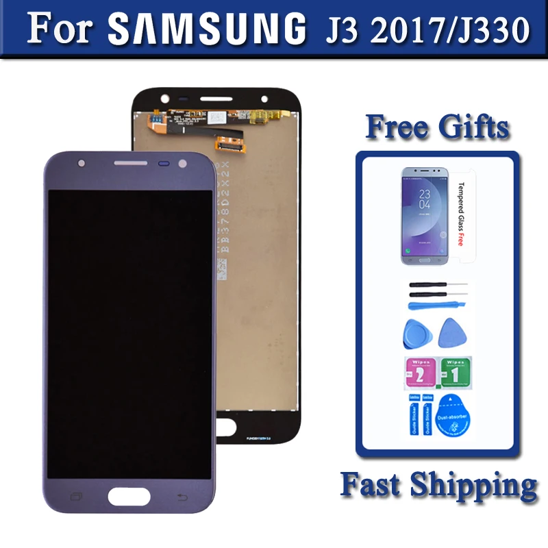

Дисплейный модуль (дисплей + сенсор) для Samsung Galaxy J3/J330, цвет рамки голубой/черный/золотой/без рамки, в наборе защитное стекло + инструмент