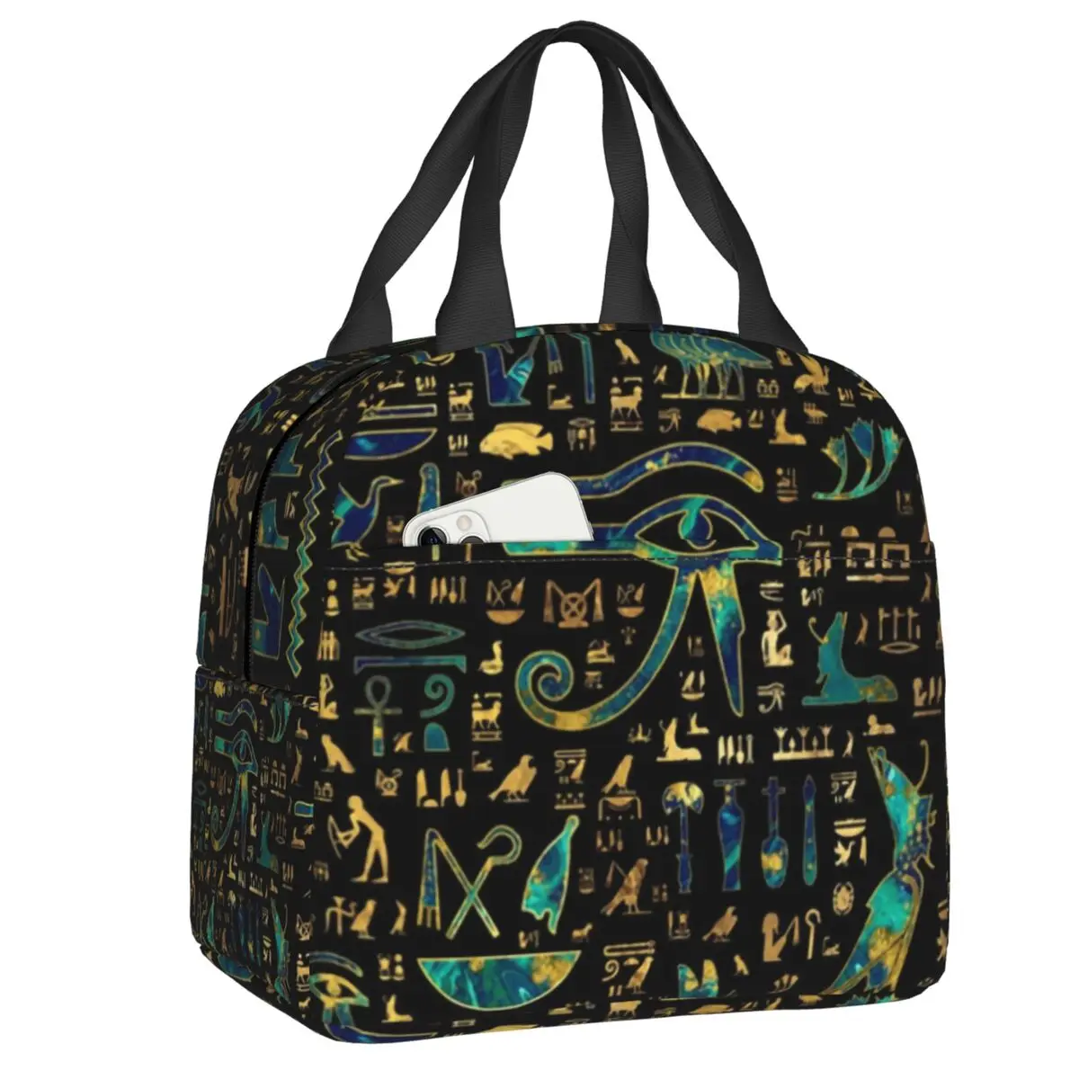 

Custom Ancient Egyptian Hieroglyphics Marble And Gold Lunch Bag Men Women Thermal Cooler Insulated Lunch Boxes for Kids School