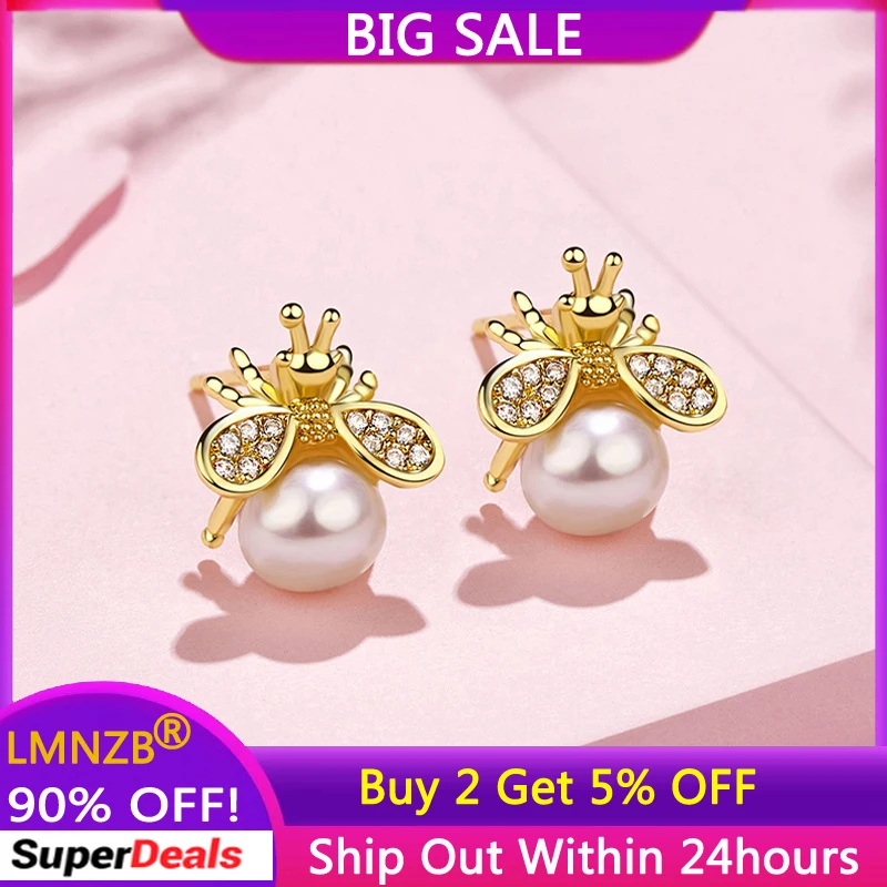 

LMNZB 925 Silver Needle Earrings Honey Bee Pearl Stud Earrings For Girls Exquisite Small Elegant Earring Jewelry Gifts