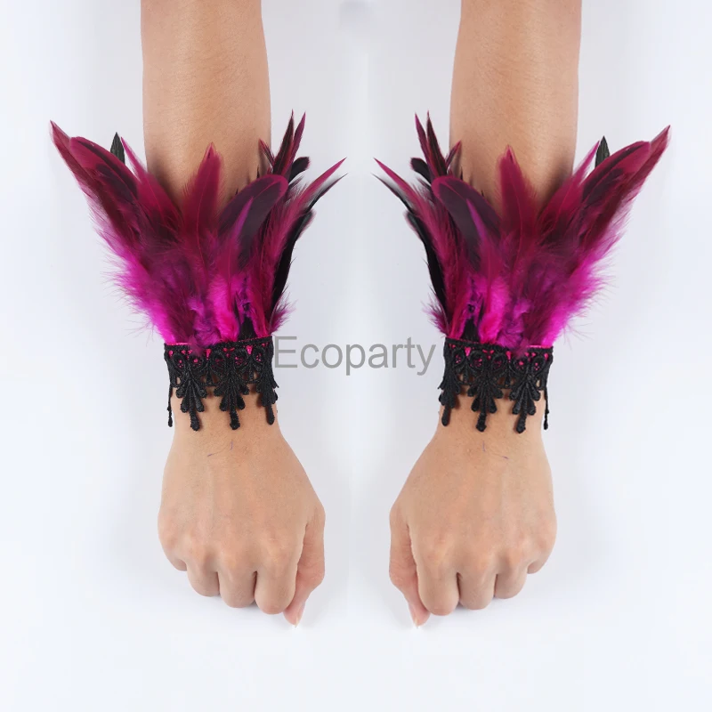 

Punk Gothic Gloves Feather Wrist Cuff Carnival Stage Show Showgirl Natural Dyed Rooster Feather Arm Warmer Party Cosplay Costume