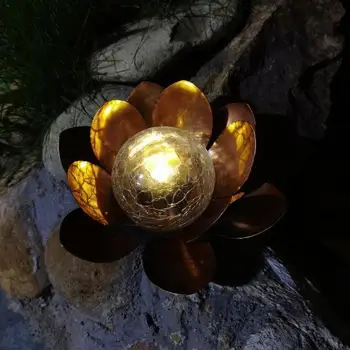 Solar Crackle Glass Globe Lights LED Lotus Flower Decor Solar Garden Light IP44 Waterproof Metal Flower Outdoor Landscape Lights 6