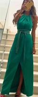 Verngo Green Matte Satin Evening Dresses Stones Halter Sash Front Slit Arabic Women Formal Party Dress Prom Gown