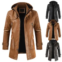 LUCLESAM Men's Hooded Leather PU Medium Length Slim Fit Jackets 2022 Autumn and Winter New Fashion Casual Youth Man leather coat