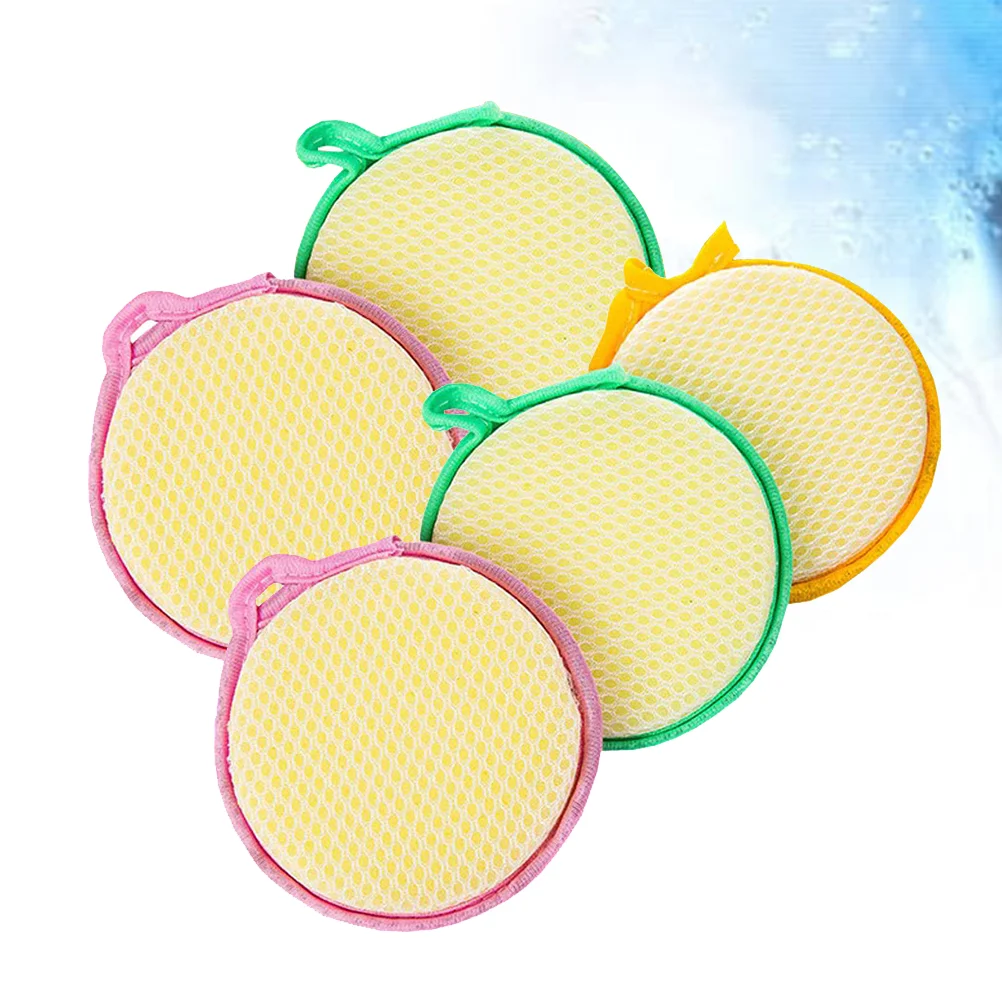 

5pcs Double-side Round Sponge Scouring Pad Home Household Kitchen Dishwashing Sponge Cleaning Pad Sponge Cloth )