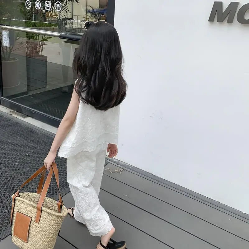 Casual Summer Newborn Baby Girls Outfits Suit Lace Sleeveless T-shirts Tops+Wide-leg Trousers 2Pcs Kids Outfit Sets