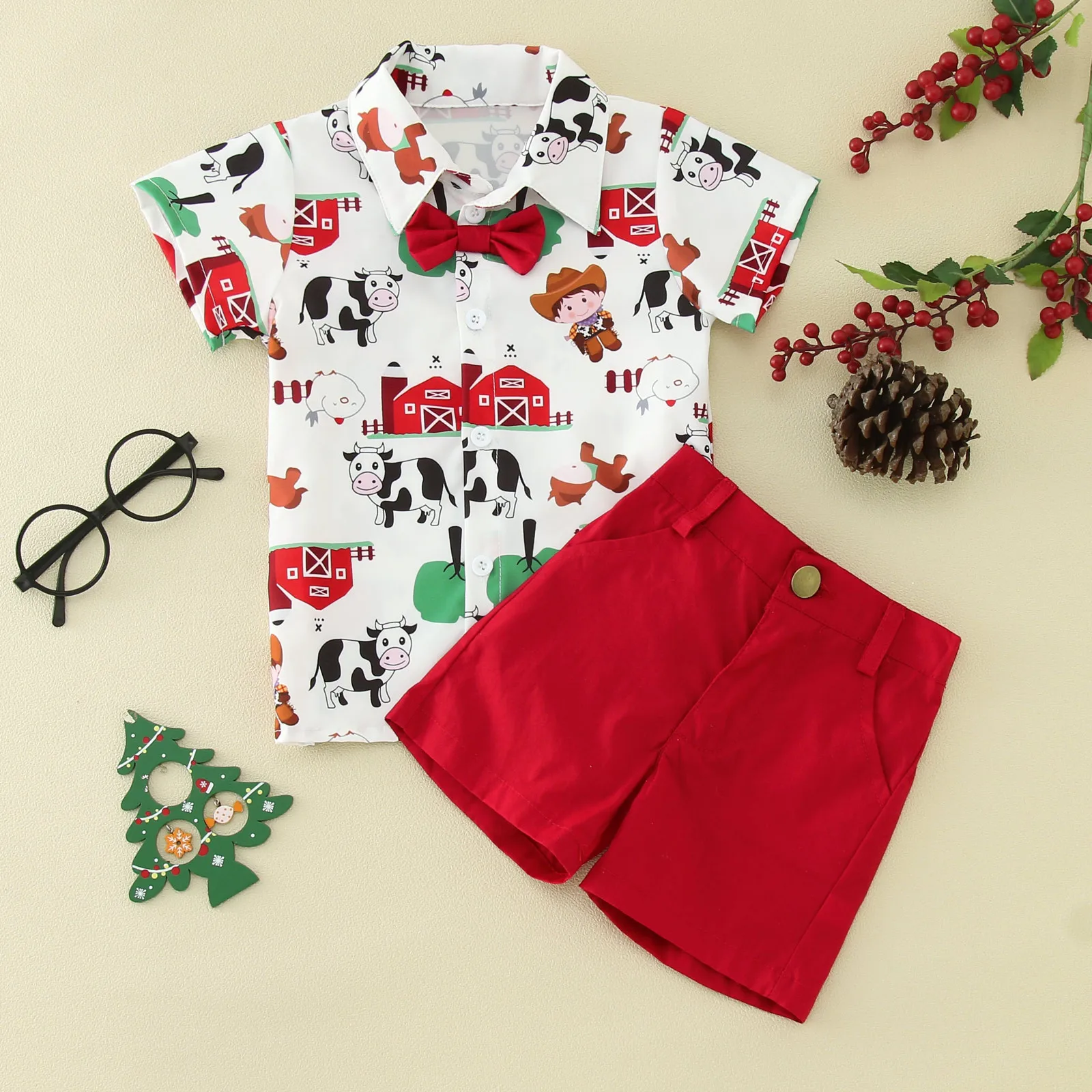 Toddler Boys Clothes Sets Cartoon Dairy Cow Prints Short Sleeve T Shirts+Shorts 2 Piece Sets Child Gentleman Outfits 1-5 Years
