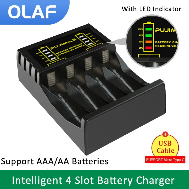 

Battery Charger with 4 Slot Independent Charging Intelligent Fast USB Charger for AAA/AA Rechargeable With LED Indicator Charger