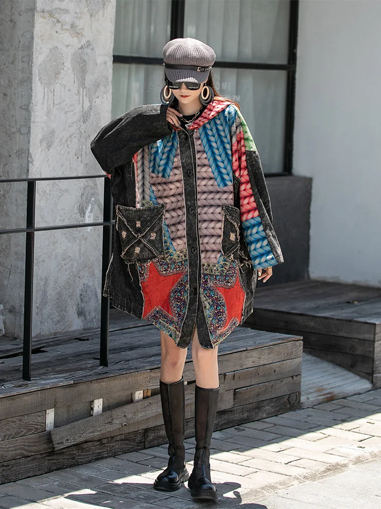 

SuperAen Loose Print Knitted Patchwork Denim Jacket Women's Autumn 2022 Long Hooded Single Breasted Jacket
