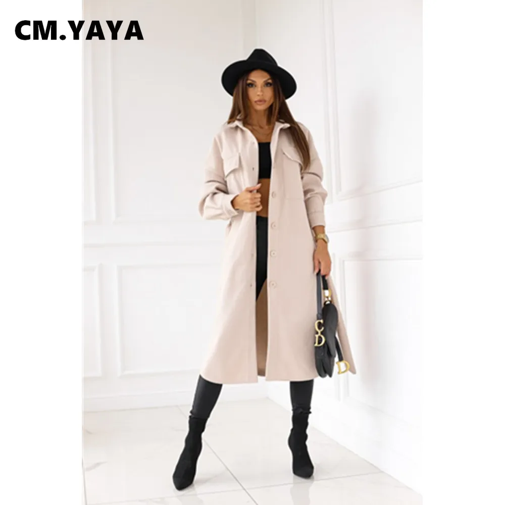 

Женское однобортное пальто CM.YAYA, длинное Прямое пальто из смешанной шерсти, Офисная Повседневная модная зимняя одежда из смешанной шерсти