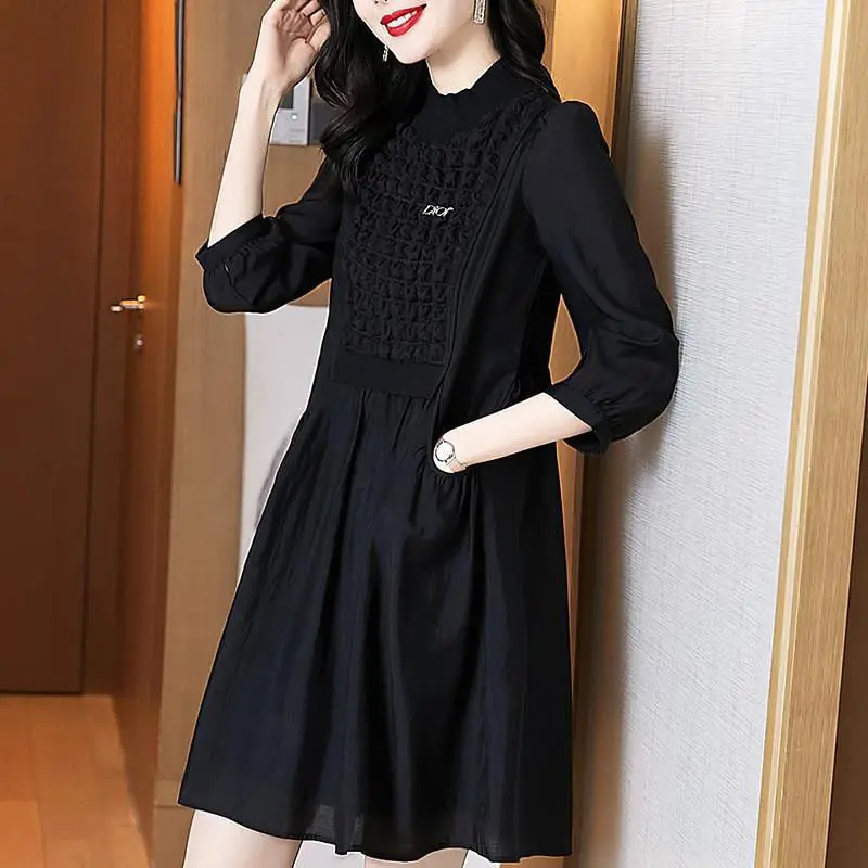 

Осеннее женское платье 2022, дизайнерская чувственная юбка с круглым вырезом, длинным рукавом, ТРАПЕЦИЕВИДНОЕ, плотное, закрытое животом, чер...