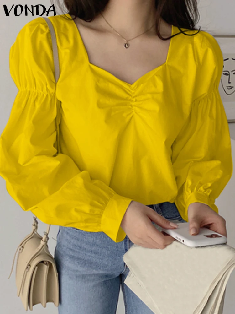 

Women Square Collar Sexy Blouses 2022 VONDA Summer Long Sleeve Solid Color Pleated Tops Tunic Loose Solid Shirts Party Blusas