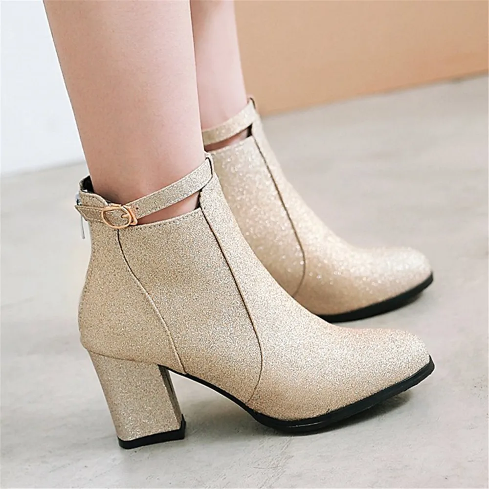 New 2022 Autumn Winter New Woman High heels Ankle Booties Women Boots Sequined Cloth Dress Shoes Goth Boots Purple Black Gold